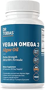 Dr. Tobias Vegan Omega 3 Supplement - 1400mg Algae Oil, 420mg DHA, and 210mg EPA per Serving - Non-GMO, Gluten-Free, Carrageenan-Free - 60 Capsules, 30 Servings