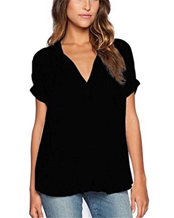 ZANZEA Women's Summer Casual Chiffon Blouse V-Neck Short Sleeve Tops Shirts