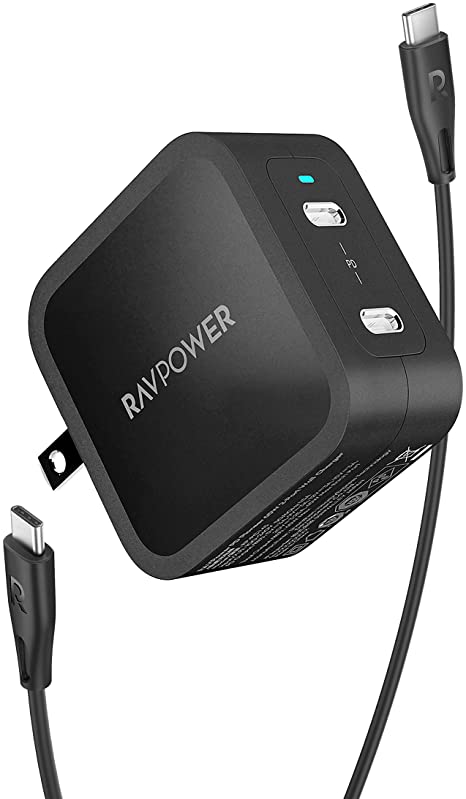 USB C Charger RAVPower 65W PD3.0 & GaN Tech 2-Port Fast Charger, Type C Foldable Travel Charger for iPhone 12 Mini Pro Max, MacBook Pro, iPad, Dell XPS, Galaxy, Nintendo Switch and More