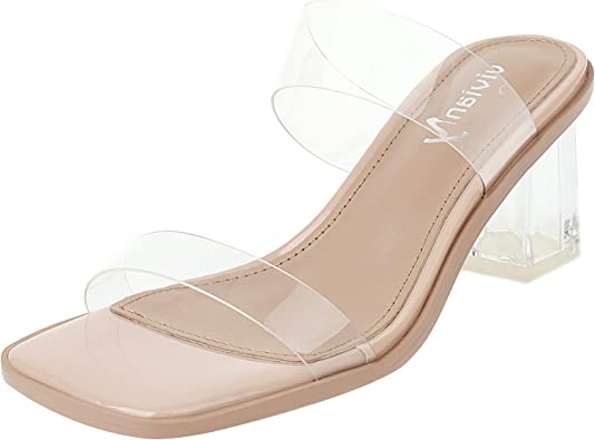 vivianly Womens Clear Heels Sandals Transparent Chunky Heels Backless Open Toe Slip on Mules Heeled Slipper Dress Shoes