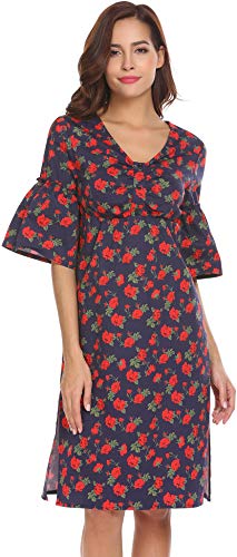 FineFolk Women V-Neck Casual Floral Printing Ruffles Flare Sleeve Side Split High Waist Belted Midi Dress