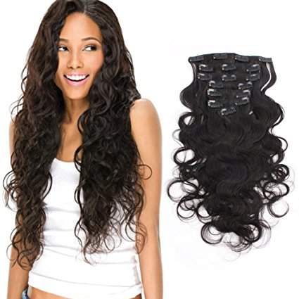 AmazingBeauty Remy Body Wavy Clip In Extensions 8A Grade Natural Black Thick 100% Virgin Hair 10-22inch 7 Pieces with 18 Clips 120g/4.2oz per Set For Full Head 14 inch
