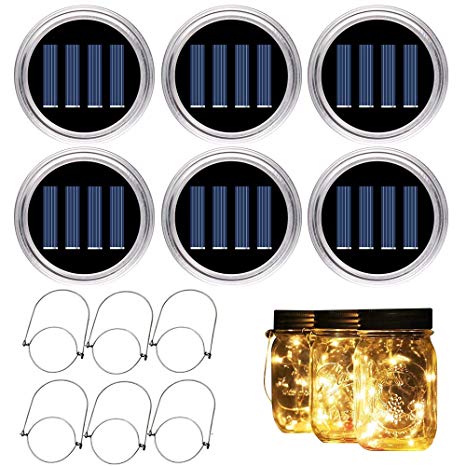 BAXIA TECHNOLOGY Solar Mason Jar Lights Outdoor, 20 LEDs Mason Jar Lids with Lights for Garden Patio Outdoor Party Festivals, Wedding Decoration(6 Lids and 6 Hangers Included, Jars Not Included)