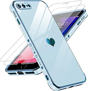 LeYi for iPhone-7 Plus iPhone-8 Plus Phone Case: with Tempered Glass Screen Protector [2 Pcs]  Full Camera Lens Protection, Love Heart Plating Girly Shockproof Case for iPhone 7 Plus, Sierra Blue