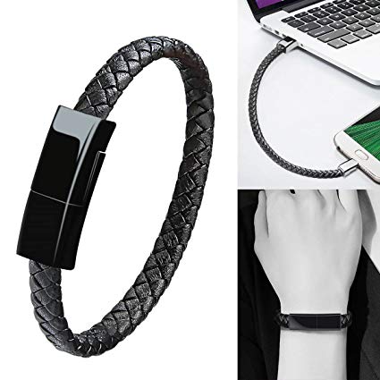 Bracelet USB Type C Cable Data Sync Durable Leather Braided Wrist Bracelet Portable Short Type C Charging Cable Compatible Galaxy S8 ,HTC 10/U11,OnePlus 2/3T,Huawei P9/10 ect (Black-7.9 inch)