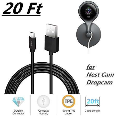 USB Power Cable for Nest Cam Security Camera, 20ft 6 Meter for Nest Dropcam Power Cable USB to Micro-USB by iAbler