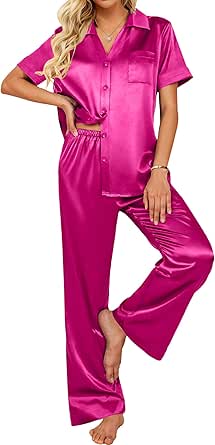 Ekouaer Womens Silk Satin Pajamas Set Button Down 2 Piece Pjs Wide Leg Long Pants Sleepwear Lounge Set with Pockets