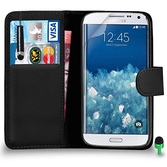 Samsung Galaxy S6 - Premium Leather BLACK Wallet / Flip Book Pouch Case Cover Mini Touch Stylus Pen GREEN Dust Stopper Screen Protector & Polishing Cloth GSVL1 BY SHUKAN®, (WALLET BLACK)