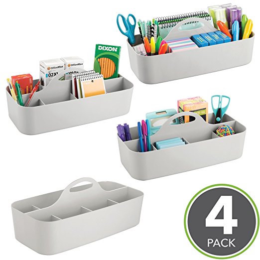 mDesign Large Office Caddy Storage Container & Organizer Tote with built-in Handle for Gel Pens, Pencils, Markers, Erasers, Staplers - Pack of 4, Light Gray