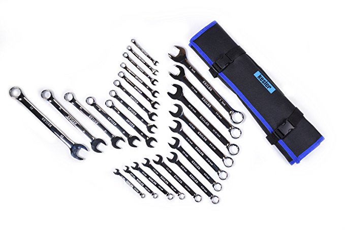 Kesler 24 Piece Full Polish SAE and Metric Combination Wrench Set with Roll-up Tool Bag