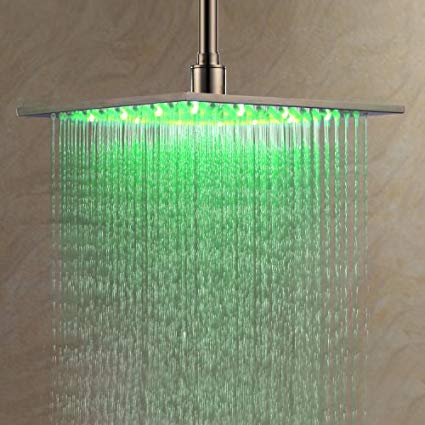 Ouku Stainless Steel Rainfall Shower Head 12 Inch Bathroom Square LED Shower Head Fixed Wall Mount Shower Head Without Shower Arm Thin Big Lavatory Shower Head Ceiling Mount
