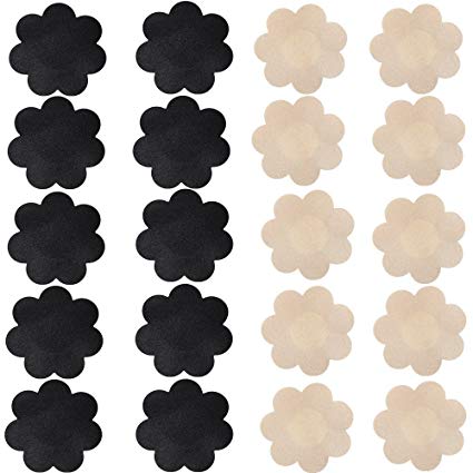 Nippleless Cover, 20 Pairs Self-Adhesive Disposable Bra Gel Petals Pad Pasties (Beige 10 Pairs   Black 10 Pairs)