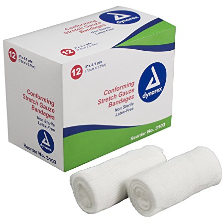 Dynarex Stretch Gauze Bandage Roll, Non-Sterile, 3", Box/12