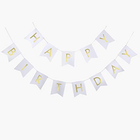 BTSD-home White Happy Birthday Bunting Banner with Shimmering Gold Letters - Birthday Decorations - 21st - 30th - 40th - 50th Birthday Party Supplies