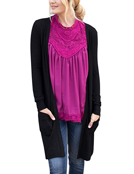 MEROKEETY Women's Open Front Solid Knitted Long Cardigan With Pocket