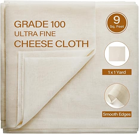 eFond Cheesecloth, 9 Square Feet Grade 100 Cheese Cloths for Straining Reusable, Washable, Lint Free and Ultra Fine Mesh Unbleached Pure Cotton Cheese Cloths for Cooking with Smooth Edge (1 Yard)