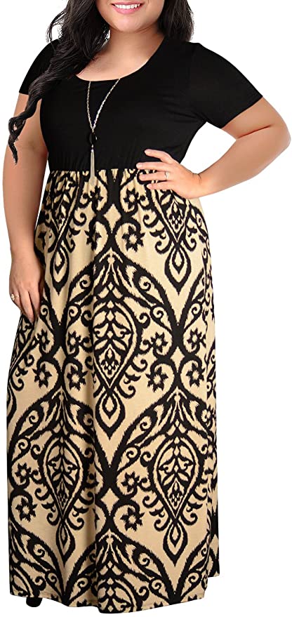 Nemidor Women's Chevron Print Summer Short Sleeve Plus Size Casual Maxi Dress