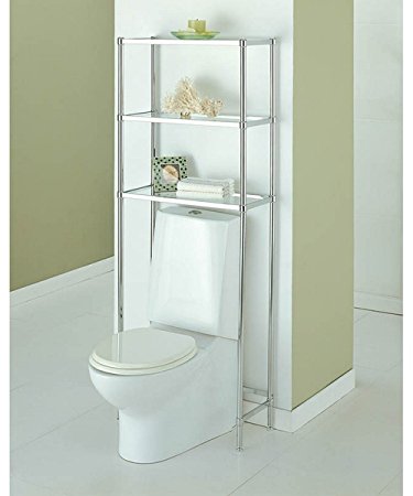 Over The Toilet 16951W-1 Bathroom Spacesaver with 3 Handy Tempered Glass Shelves in Shiny Chrome Finish 24.25L x 10.75W x 63.5H in.
