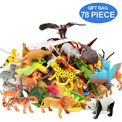 Animal Figures Set of 78 Realistic Assorted 32 Mini Jungle Animals & 12 Dinosaurs & 12 Birds & 22 Accessories Party Favors Toys PlaySet For Kids Toddler Educational