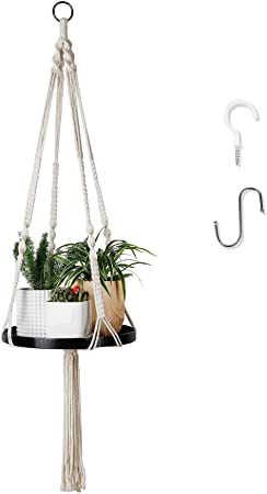 POTEY 609101 Macrame Plant Shelf Hangers - Hanging Planter Shelf Indoor-Plant Hanger Shelf with 2 Hooks for Boho Home Decor, Hanging Plant Holder for Small Plants, 50'' with Tassel, Black