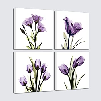 Pyradecor Elegant Purple Flickering Flower Canvas Prints Wall Art Grace Floral Pictures Paintings for Living Room Bedroom Office Home Decorations 4 Panel Modern Abstract Gallery Wrapped Giclee Artwork