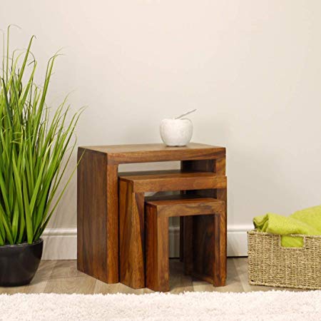 Indiana Solid Rosewood Nest of Tables | 3 Nesting End Tables Dark Wood Cube