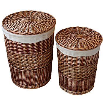 Kingwillow,Laundry Storage Baskets with Lid Hamper Handmade Woven Wicker&cattail Round Closet Organizer (Set of 2, Brown)