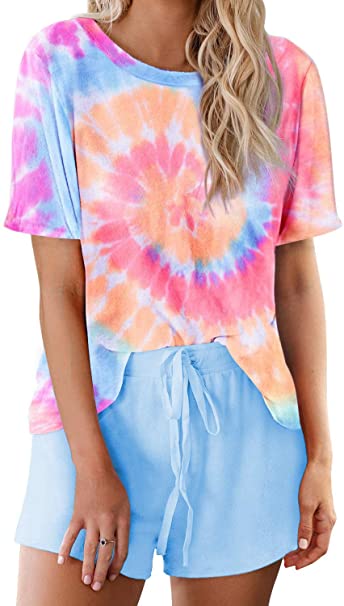 Sidefeel Women Tie Dye Printed Sleepwear Lounge Short Sleeve Pajama Set Night Shirt with Shorts