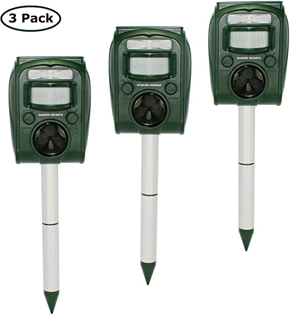 GARDEN SECRETS (3 Pack) Compact Solar Ultrasonic Animal Repellent. Skunk Raccoon Deer Coyote Cat Rat Mice etc Deterrent. Keep Pests Away from Your Property Within 2-4 Weeks. Whole Year Full Warrant!