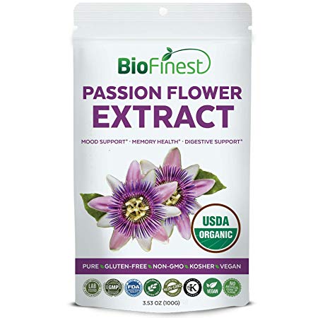 Biofinest Passion Flower Extract Powder 900mg - USDA Certified Organic Gluten-Free Non-GMO Kosher Vegan Friendly - Supplement for Calming, Memory Health, Digestive Support, Mood Enhancement (100g)