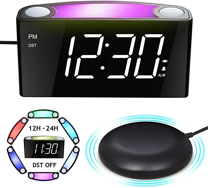 Mesqool Loud Alarm Clock Bed Shaker, Powerful Vibrating for Heavy Sleepers, Deaf, Hearing-Impaired, Kid Bedroom, 7-Color Nightlight, Large Digital Display, Full Range Dimmer, 12/24, 2 USB Port Charger