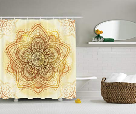 Ambesonne Mandala Shower Curtain Decor, Ethnic Doodle Design Asian Art Traditional Pattern, Polyester Fabric Bathroom Shower Curtain Set with Hooks, 84 Inches Extra Long, Beige Cream Brown