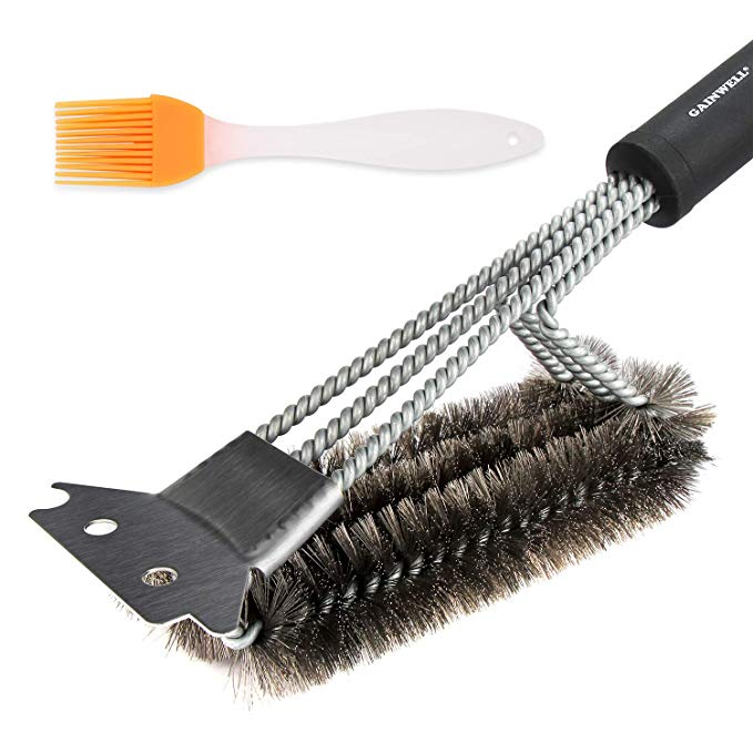 GAINWELL Combination Grill Brushes and Scrapers - Heavy Duty BBQ Cleaner Accessories - Safe 3-in-1 Stainless Steel Stiff Wire Bristles – 18-inch-Long Handle - Sturdy and Durable Barbecue Accessories