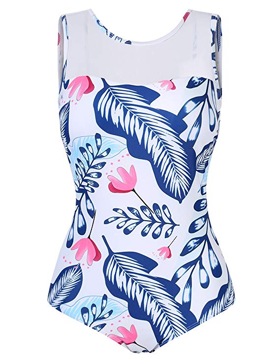 HiMiss Women's Bathing Suit Halter Mesh Backless Floral Print Swimsuit One Piece Swimwear