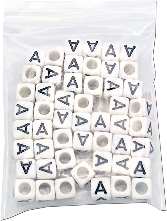 FEQM Pre-Sorted Letter Beads (6mm 50 pcs, White - Black Letter A)