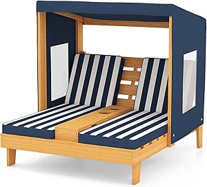 COSTWAY Kids Double Chaise Lounge Outdoor, 2-Seat Patio Lounge Chair with Cup Holders & Cushions, Kids Pool Lounger with Canopy, Wood Patio Furniture for Children Boys Girls 3-8 Year Old (Navy)