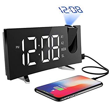 Alarm Clocks, (New Version)Pictek Projection Alarm Clock with FM Radio, 5-inch Dimmable Screen, Kids Clock Radio with Dual Alarms and Snooze Function, Digital Alarm Clock Projector with USB and Battery Backup for Bedroom, White