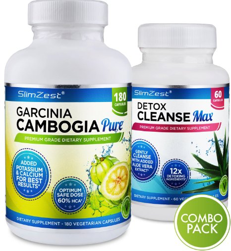 Garcinia Cambogia Pure Detox Max Slim Combo - 2 Month Course with 180 Garcinia Cambogia Extract & 60 Natural Cleanse Detox - 60% HCA Max Weight Loss - Vegetarian & Vegan Friendly Appetite Suppressant
