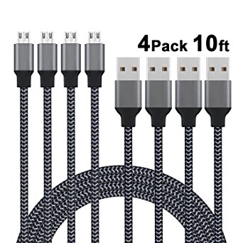 Micro USB Cable, Xcords 4Pack 10FT Xbox One PS4 Charging cable, Super-Durable High Speed Sync&Charging Cable for Android,Samsung,Smartphones,Tablets,MP3 Players,Cameras and More(Carbon Black)