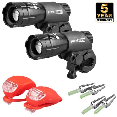 SupaBeam Double Bike Lights Set - The Ultimate Lighting and Safety Pack of Super Bright Front Bicycle Lights Tail Lights and Wheel Lights - 5 YEAR WARRANTY