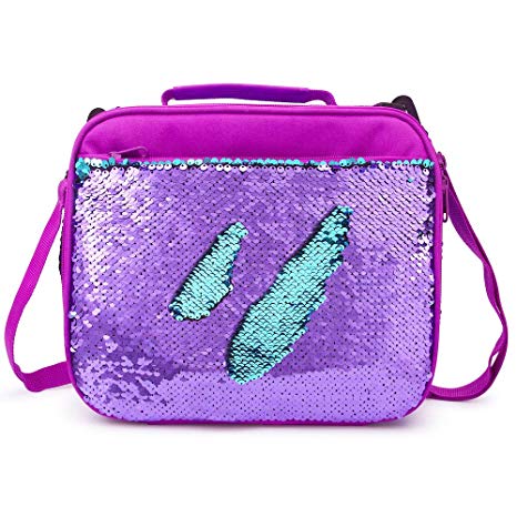 Mermaid Lunch Box for Kids Girls Women Flip Sequin Insulated School Lunch Bag Durable Thermal Reusable Lunch Tote Glitter (Purple)