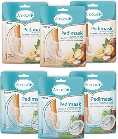 Amope Pedimask 20 Minute Foot Mask Combo Pack, 3x Coconut Oil & 3x Macadamia Oil -Blend of Moisturizer & Essential Oil to Rejuvenate & Soothe For Baby Smooth Feet In Minutes, No Mess Hydration, 6 Pack