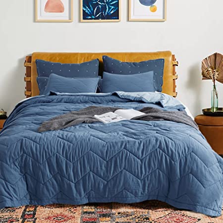 KASENTEX 2-Piece Zig Zag Quilt Set - Lightweight All Season Reversible Ultra Soft Bedspread, Blue, Twin Size