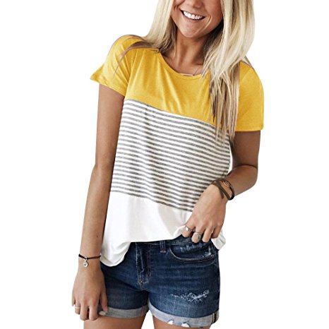 ALBIZIA Women's Short Sleeve Round Neck Top Stripe Color Block T-Shirt