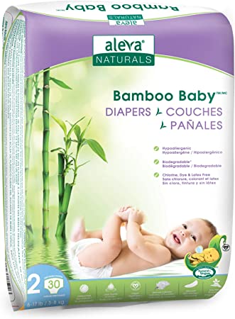Aleva Naturals Bamboo Baby Diapers | Ultra Soft and Maximum Comfort | Perfect for Sensitive Skin | Unbleached Bamboo Fibers | Certified Vegan | Size Newborn – Size 2 (6-17 lbs/3-8 kg) | 30ct