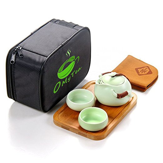 OMyTea® Portable Travel Tea Set - 100% Handmade Chinese / Japanese Vintage Kungfu Gongfu Tea Set - Porcelain Teapot & Teacups & Bamboo Tea Tray & Tea Mat with a Portable Travel Bag (Green-2 cups)