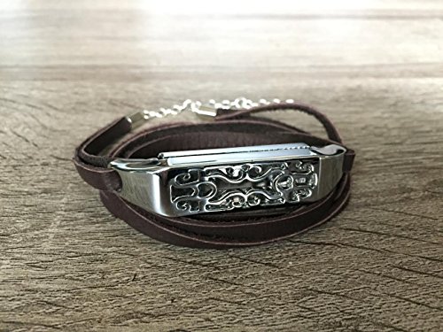 Dark Brown Leather Bracelet For Fitbit Flex 2 Tracker Adjustable Size Band With Silver Metal Jewelry Housing