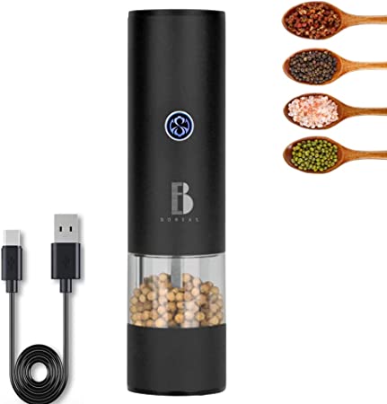 Pepper Grinder Electric Salt and Pepper Grinder with LED Light USB Rechargeable, Automatic One Hand Operation Pepper Mill Shaker, Adjustable Coarseness, Boreas