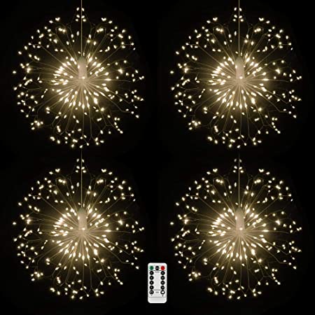 4 packs Firework Lights Copper Wire LED Lights, 8 Modes Dimmable String Fairy Lights with Remote Control, Waterproof Hanging Starburst Lights for Parties,Home,Christmas Outdoor Decoration