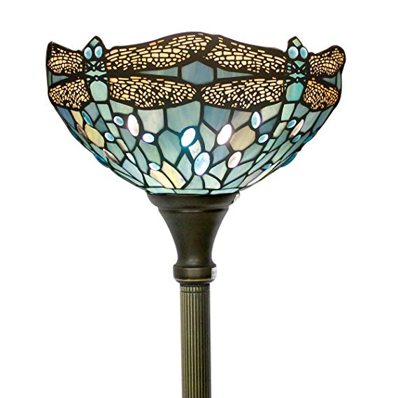 Tiffany Style Torchiere Light Floor Standing Lamp Wide 12 Tall 66 Inch Sea Blue Stained Glass Crystal Bead Dragonfly Lampshade for Living Room Bedroom Antique Table Set S147 WERFACTORY
